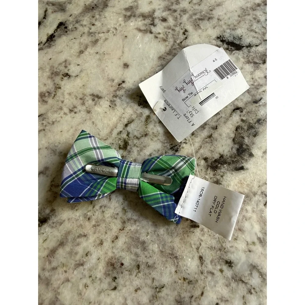 NWT Florence Eiseman Boys Clip On Bow Tie Blue/Green Plaid Preppy T.F. Laurence